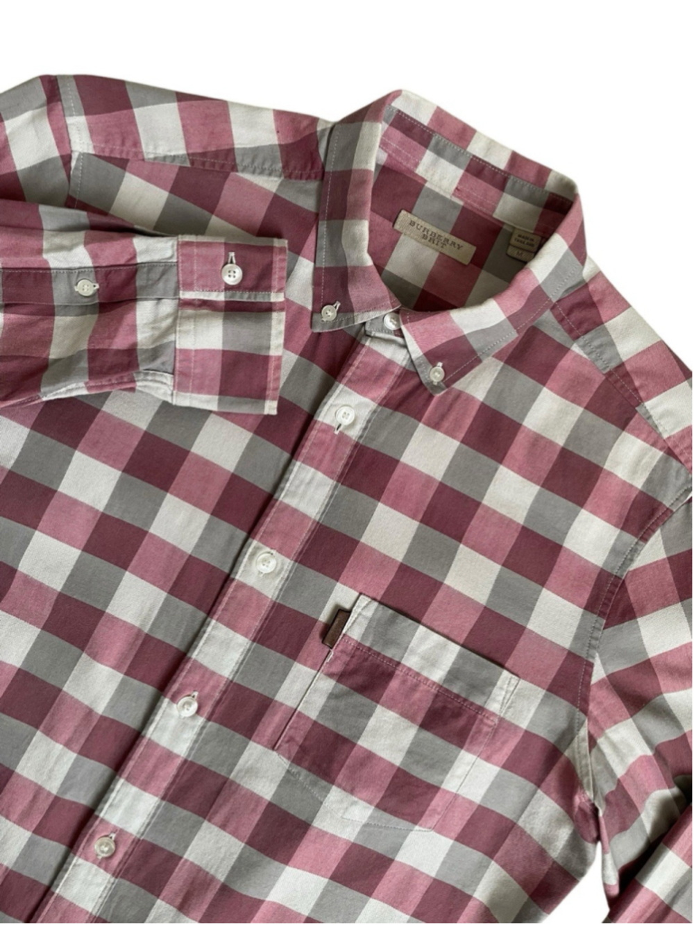 Burberry Brit Button Down Shirt Men’s M Plaid Checkerboard Cotton Chambray